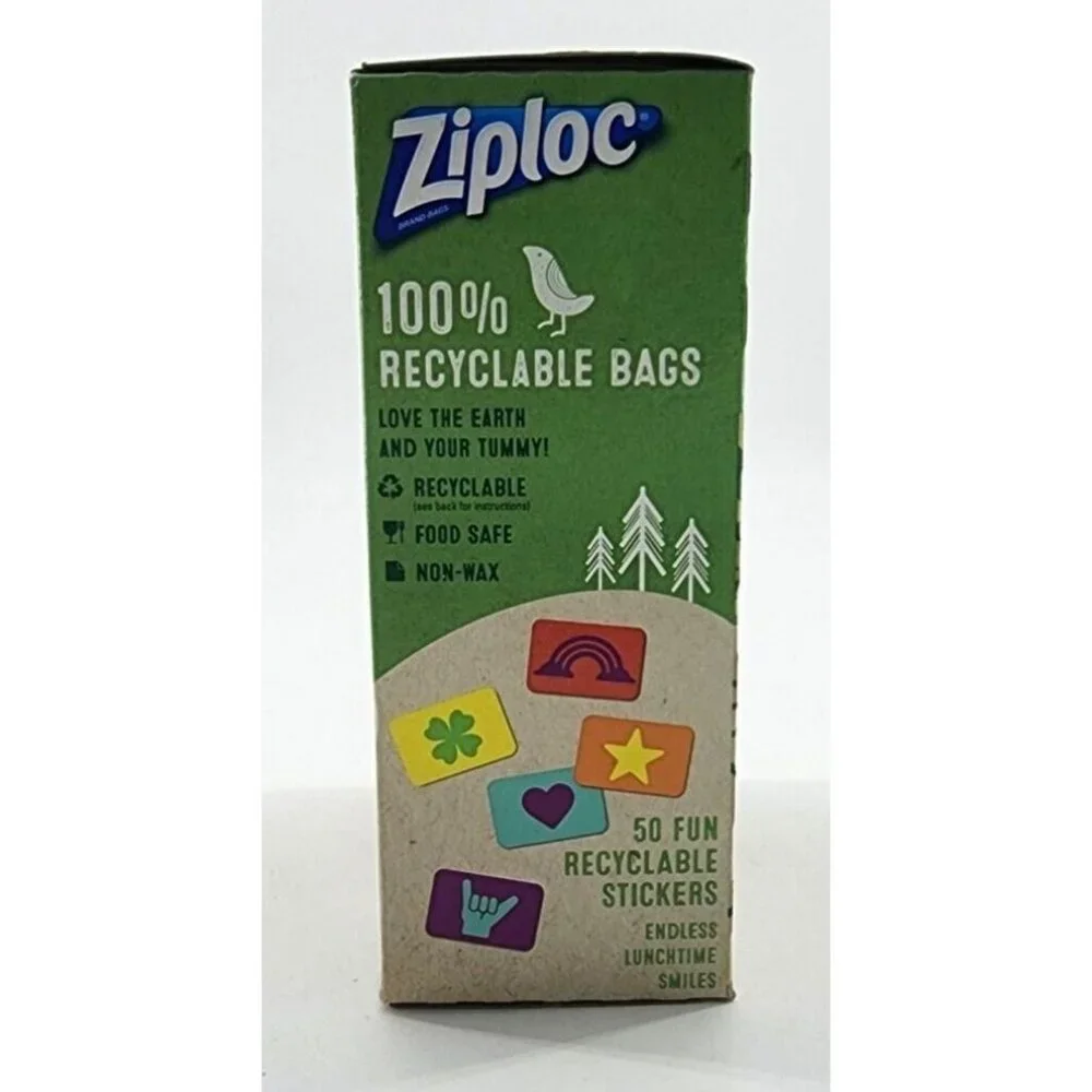 NEW Ziploc Recyclable Paper Bags + Resealable‎ Stickers Fun Designs 50 Count